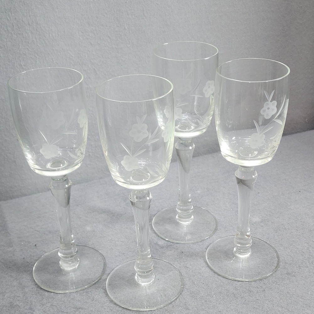 Vintage Wine Glasses Clear Etched Floral Vintage Stemware Set of‎ 4 7.25in